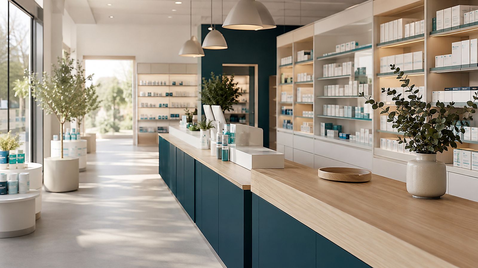 Helle Offizin einer öffentlichen Apotheke am Morgen