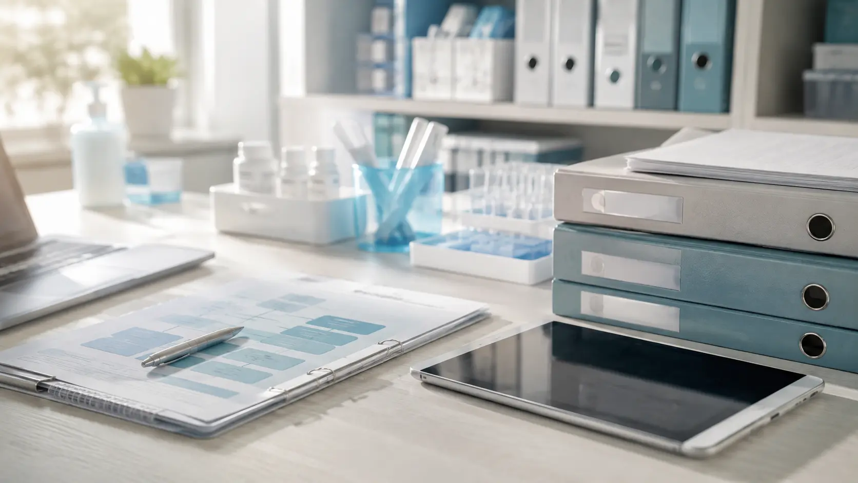 Apotheken-Backoffice mit QM-Ordnern, Prozessplan und Tablet