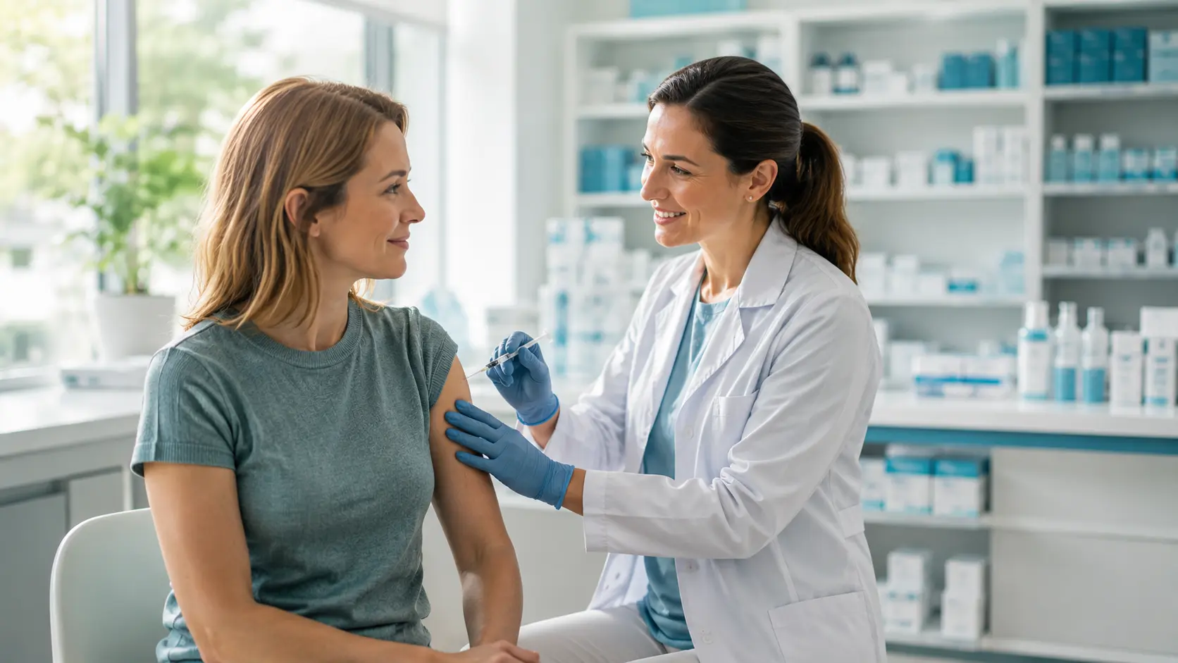 Apothekerin impft eine Kundin im hellen Beratungsbereich der Apotheke