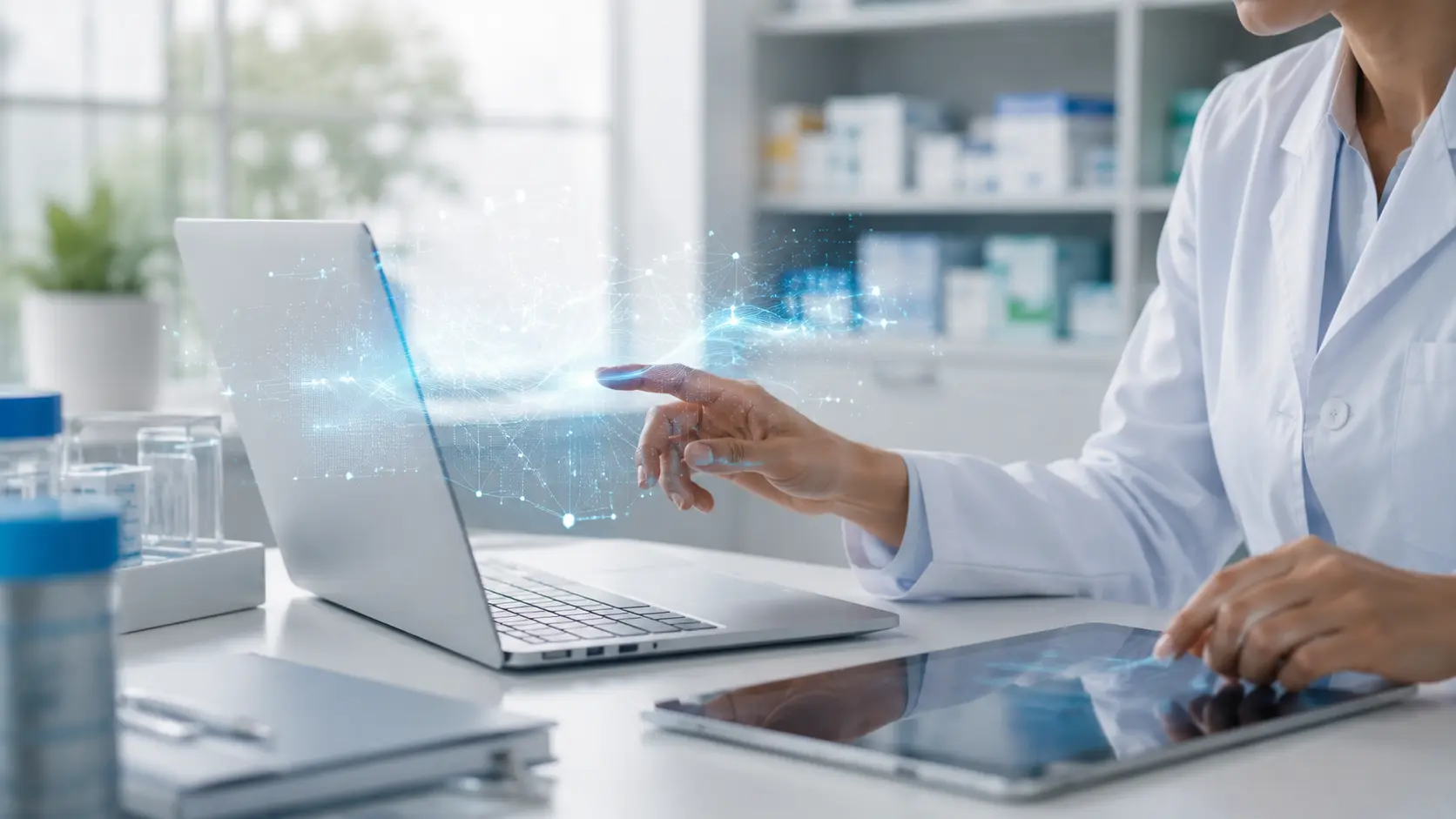 Vernetzte Datenpunkte über einer Apothekenszene als Sinnbild für den sicheren Einsatz von KI
