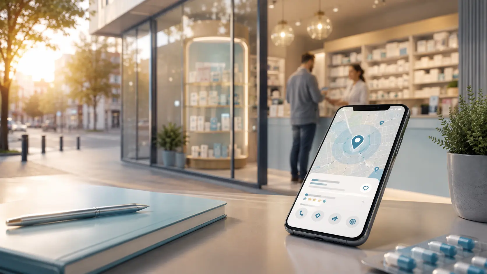 Smartphone mit Kartenansicht vor einer Apotheke als Sinnbild für lokale Sichtbarkeit