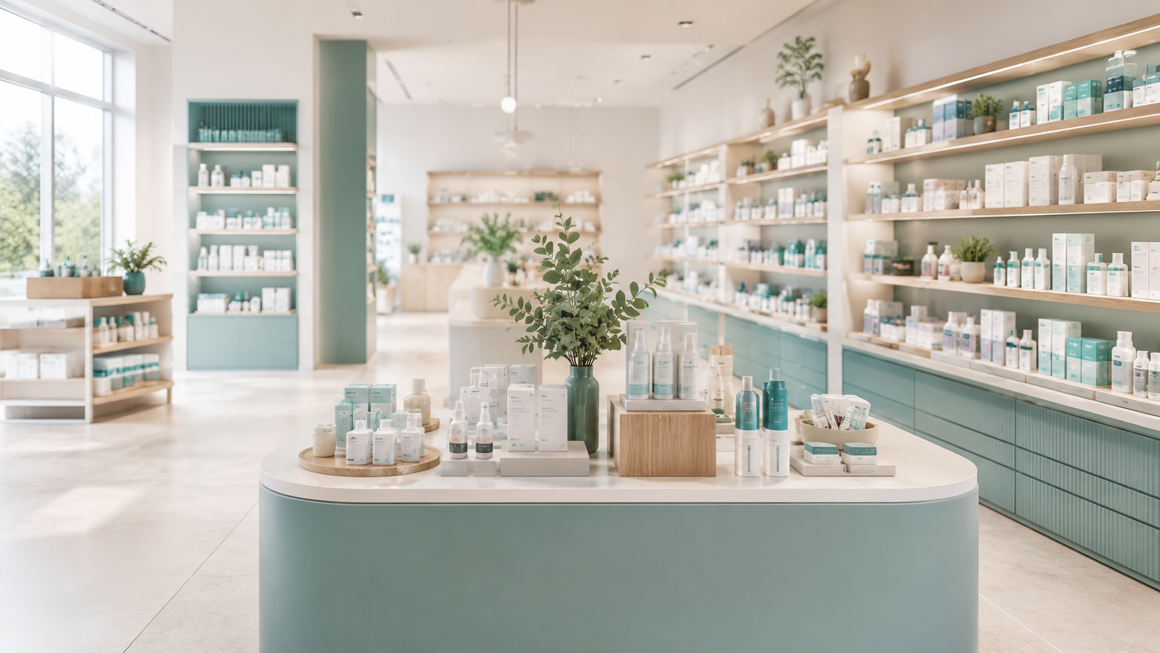 Helle Apothekenoffizin mit Aktionstisch, Blockplatzierung und ruhiger Warenpräsentation