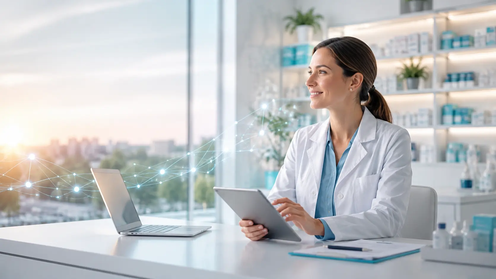Apothekerin mit Tablet vor einem digitalen Netzwerk als Sinnbild für die Plattform