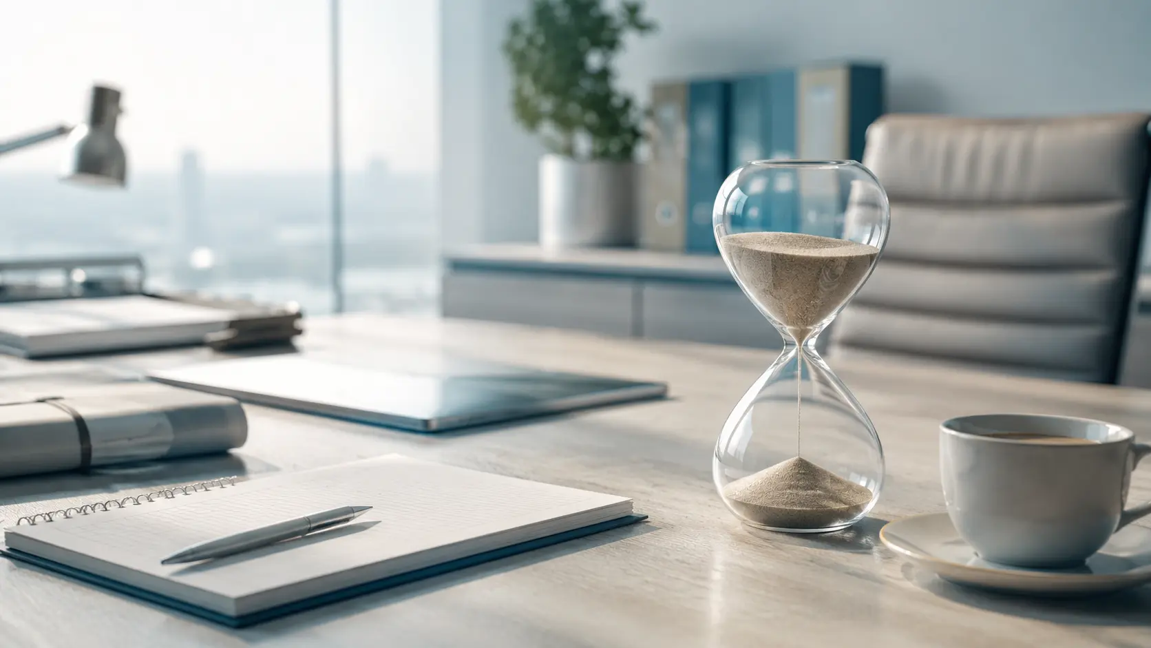 Sanduhr auf einem aufgeräumten Schreibtisch als Sinnbild für gewonnene Zeit