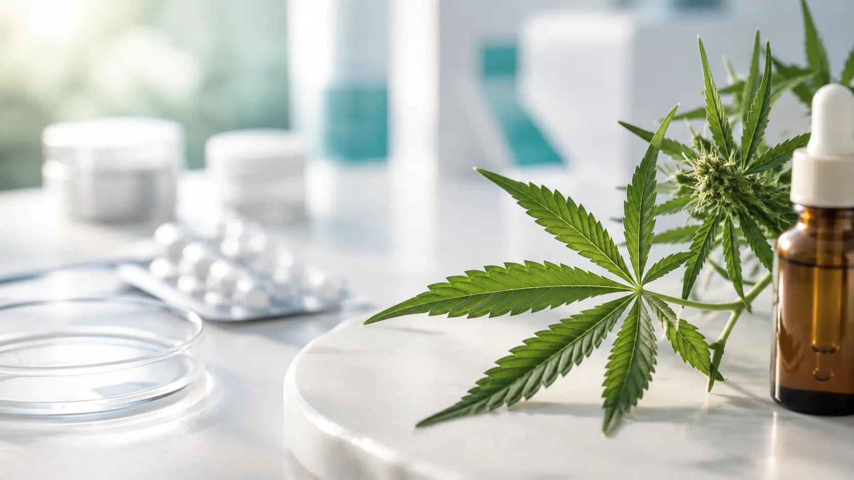 Cannabisblatt und Tropfflasche auf einer Apothekenarbeitsfläche