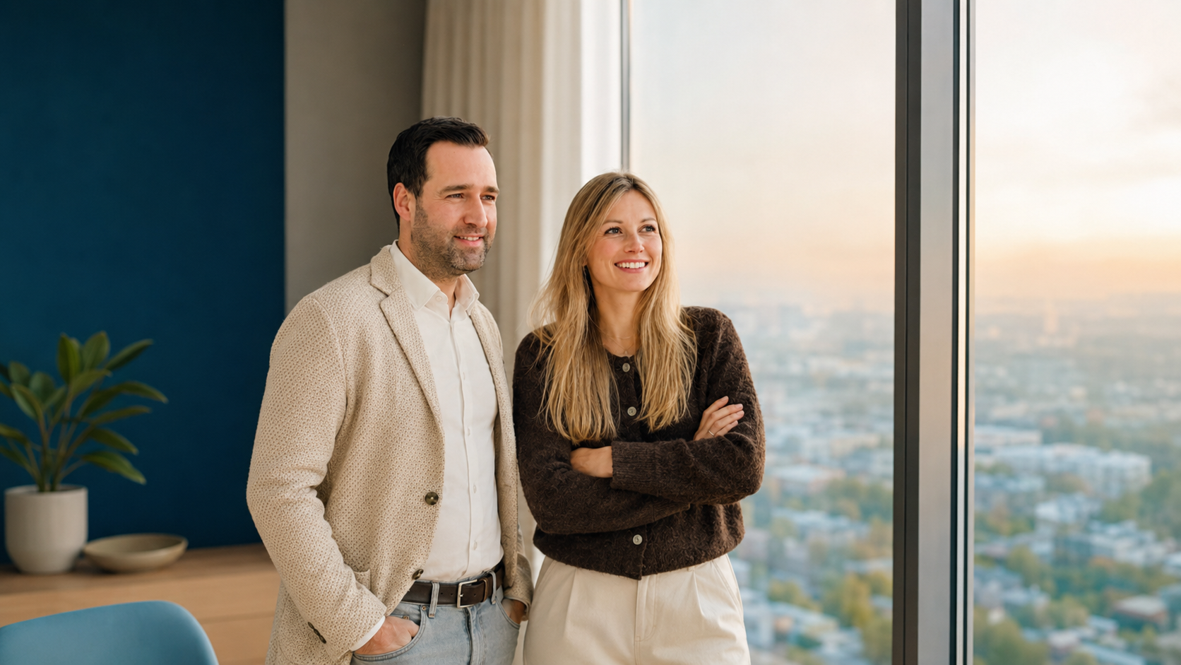 Louisa Hänschke und Stefan Oehler stehen in einem Büro am Fenster und blicken über die Stadt