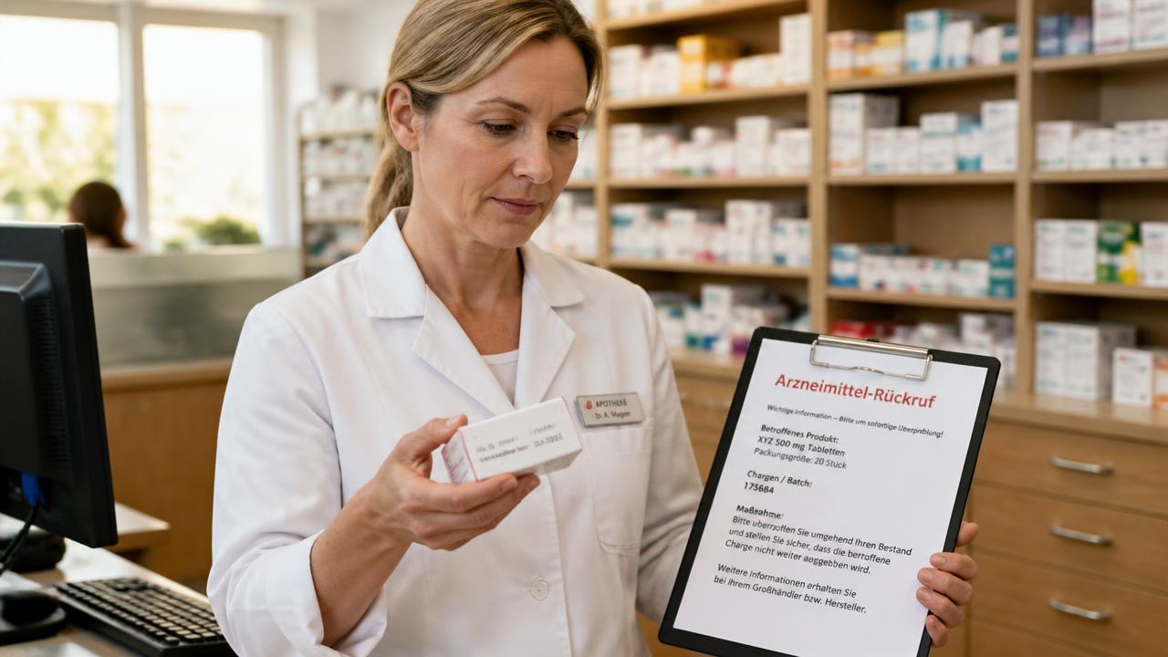 Apothekerin gleicht eine Arzneimittelpackung mit einer Rückrufmeldung auf dem Klemmbrett ab