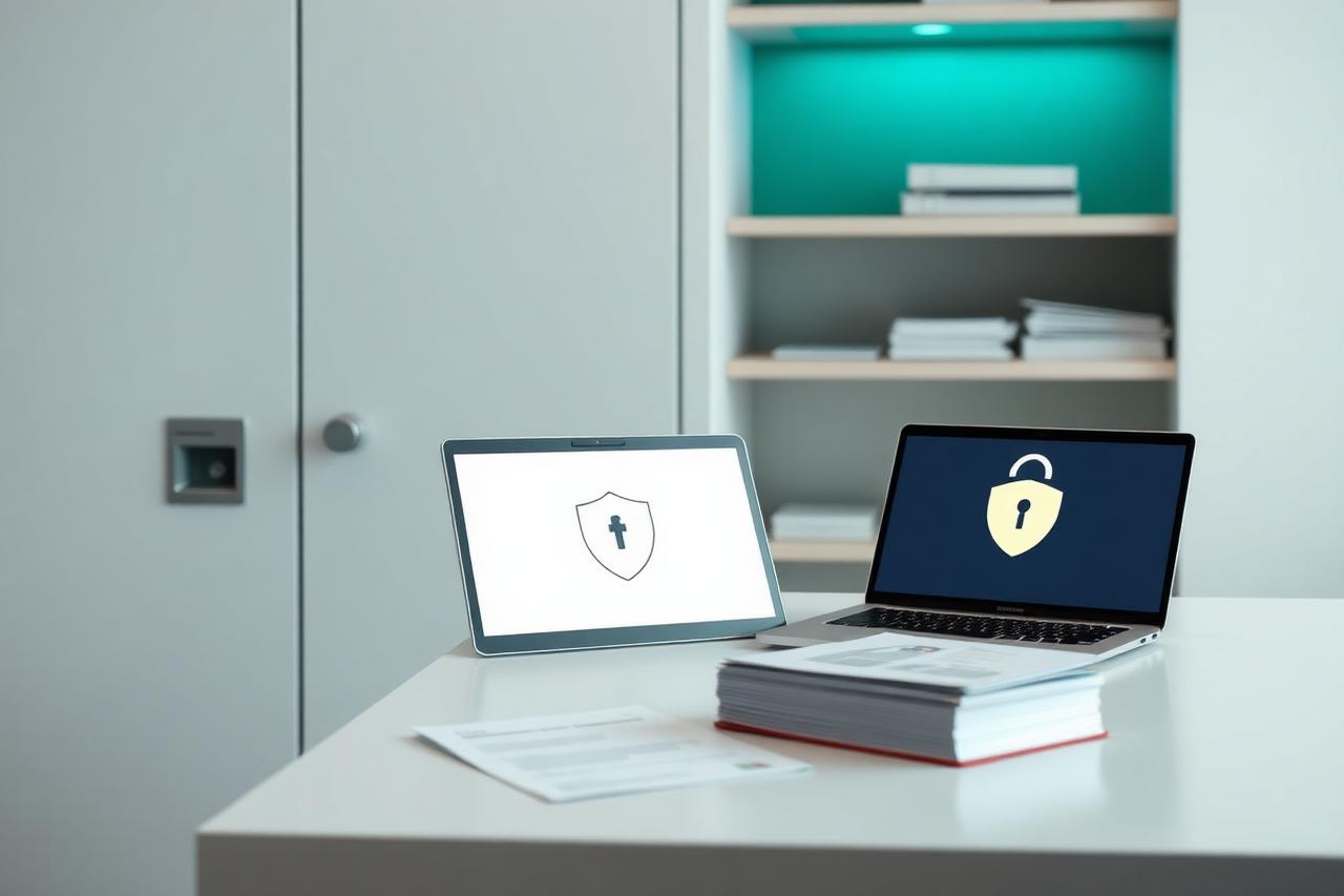 Abschließbarer Aktenschrank, Rezeptunterlagen und Laptop mit Schloss-Symbol im Apotheken-Backoffice