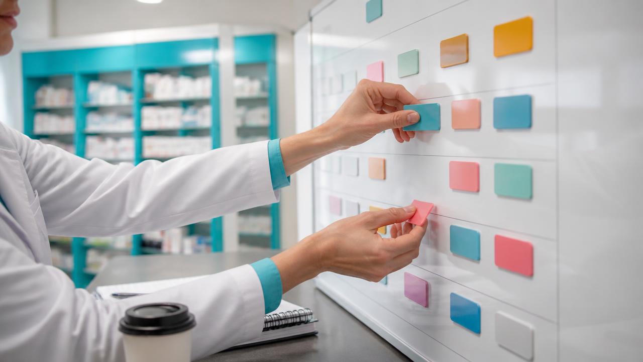 Hände stecken farbige Schichtkarten an eine Wochenplanungstafel im Apotheken-Backoffice