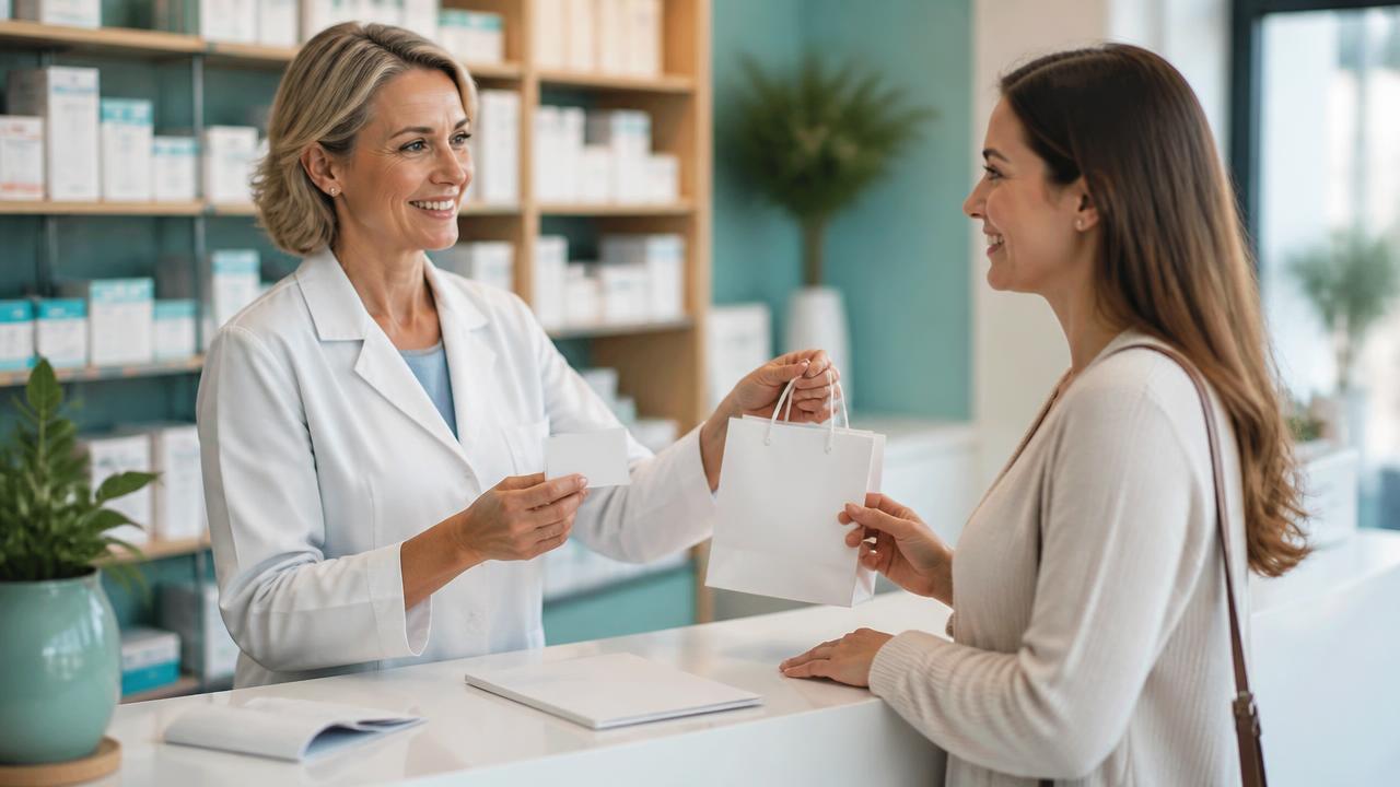 Apothekerin überreicht einer Stammkundin am HV-Tisch eine Kundenkarte und ein kleines Präsent