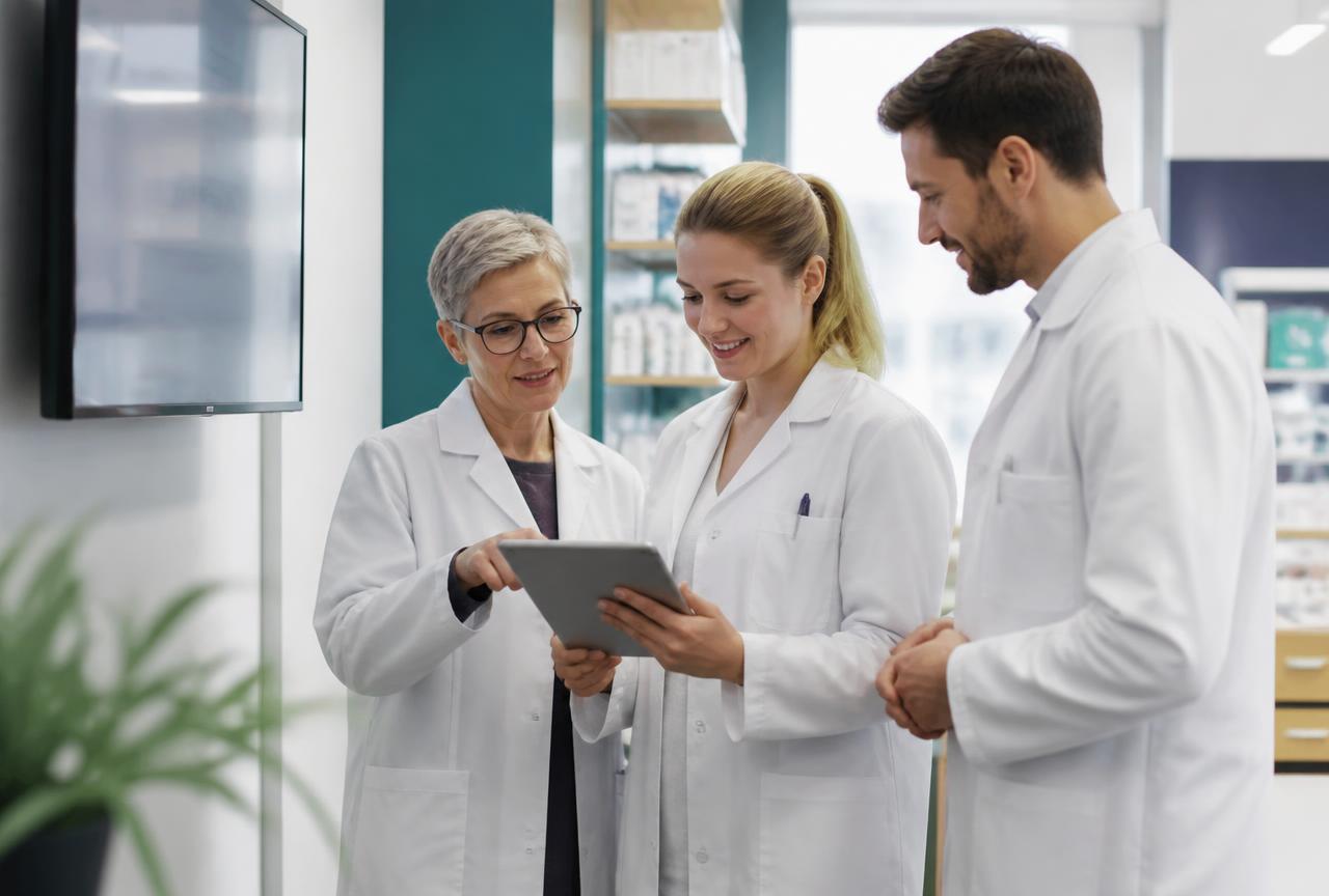 Apothekenteam bespricht sich im Backoffice vor dem digitalen Teamboard