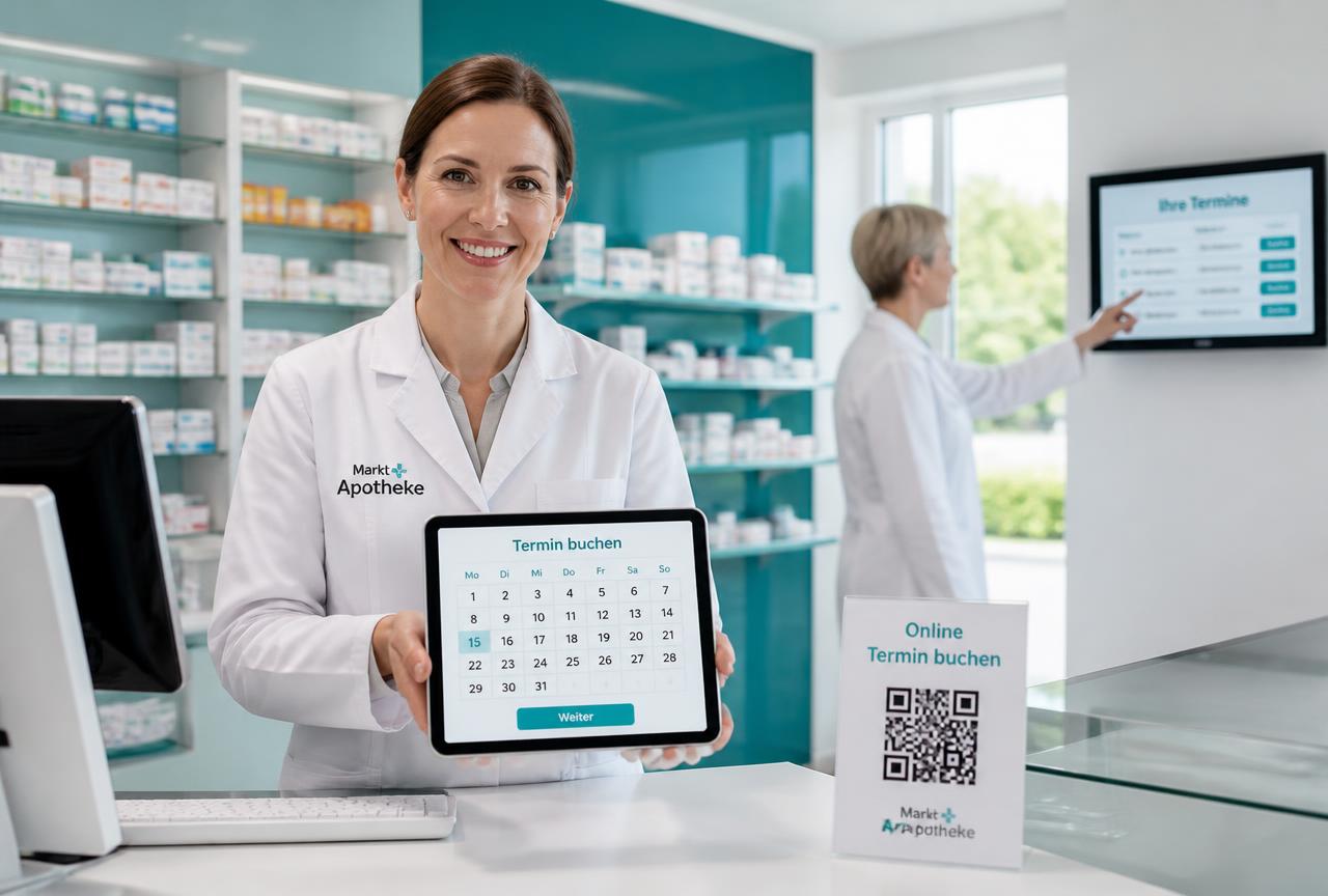 Apothekerin prüft die Terminübersicht auf einem Tablet am Beratungsplatz